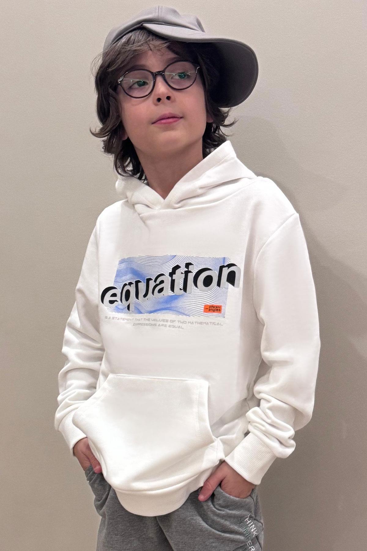 Breeze Erkek Çocuk Sweatshirt Yazı Baskılı Kanguru Cepli Kapüşonlu Beyaz (8-14 Yaş)