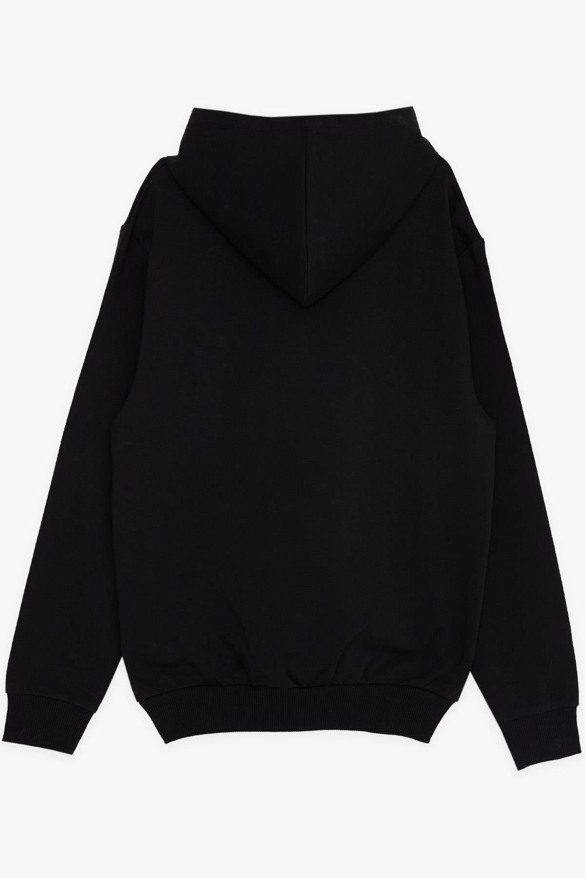 Breeze Erkek Çocuk Sweatshirt Yazı Baskılı Armalı Kanguru Cepli Siyah (8-14 Yaş)