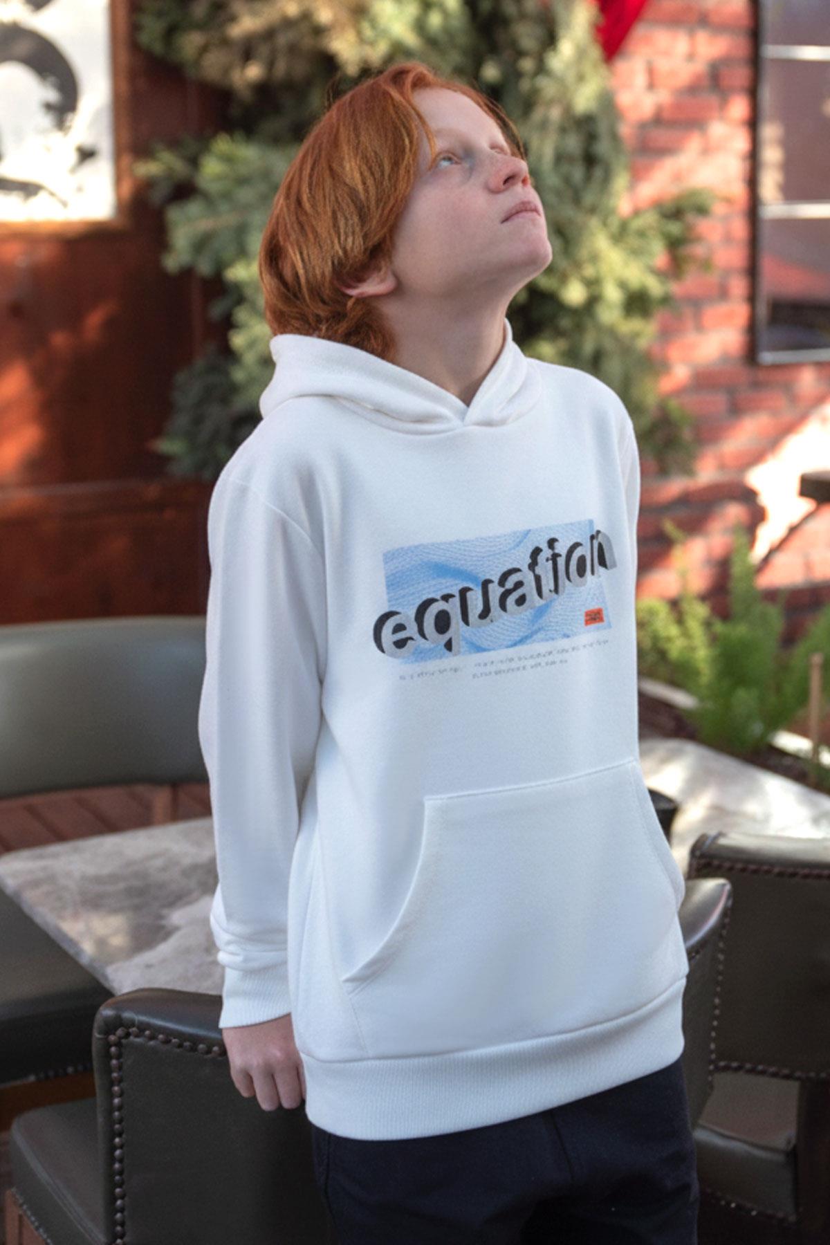 Breeze Erkek Çocuk Sweatshirt Yazı Baskılı Kanguru Cepli Kapüşonlu Beyaz (8-14 Yaş)