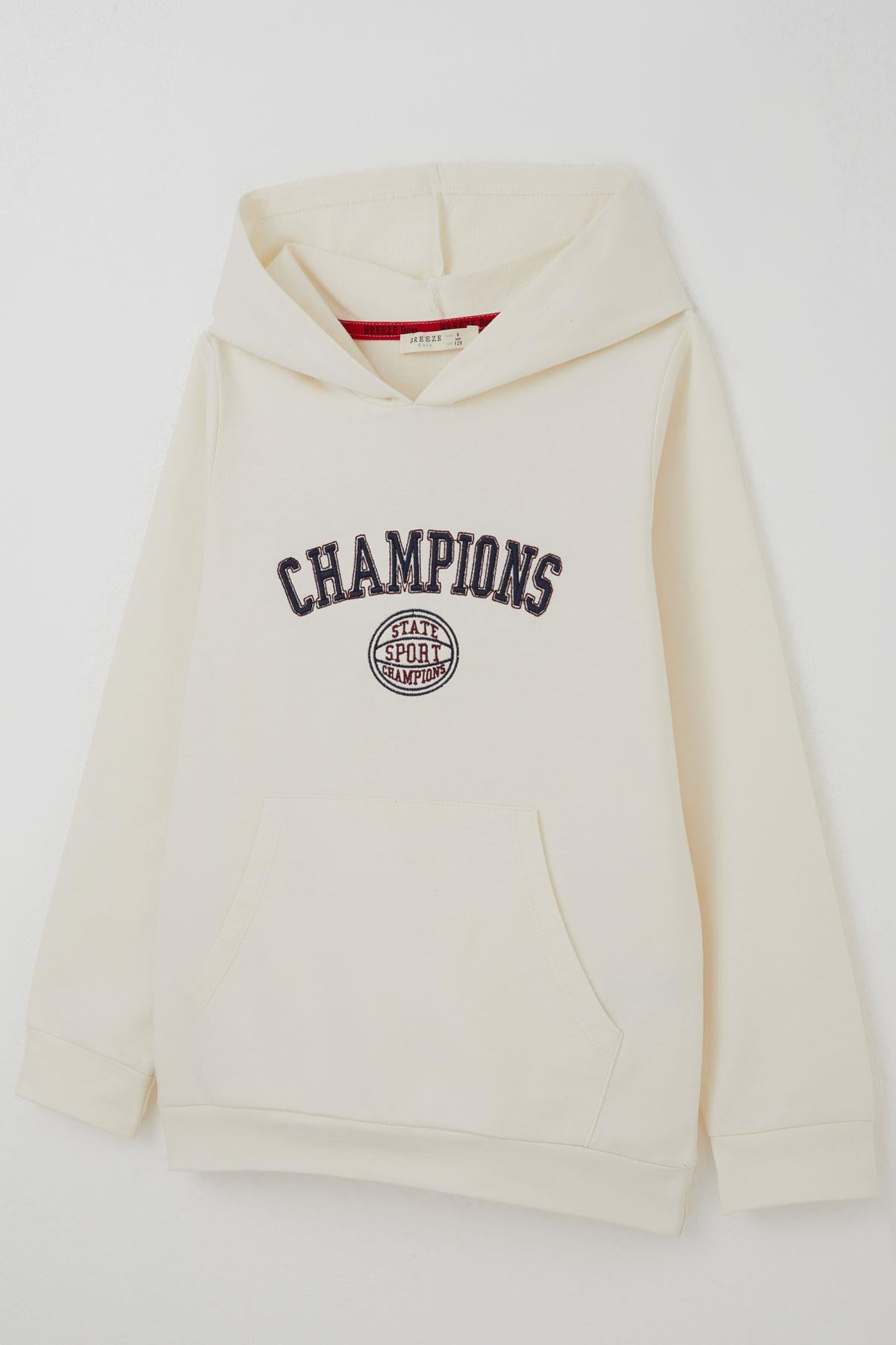 Breeze Erkek Çocuk Sweatshirt Yazı Baskılı Kapüşonlu Ekru (5-8 Yaş)