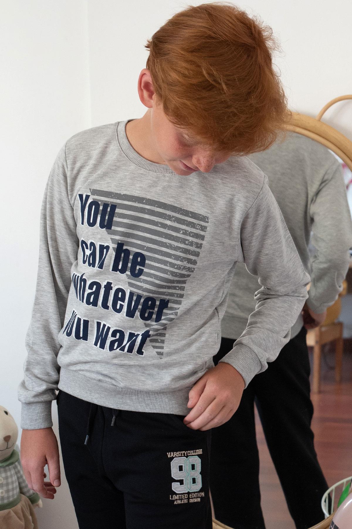 Breeze Erkek Çocuk Sweatshirt Yazı Baskılı Koyu Gri Melanj (8-9 Yaş)