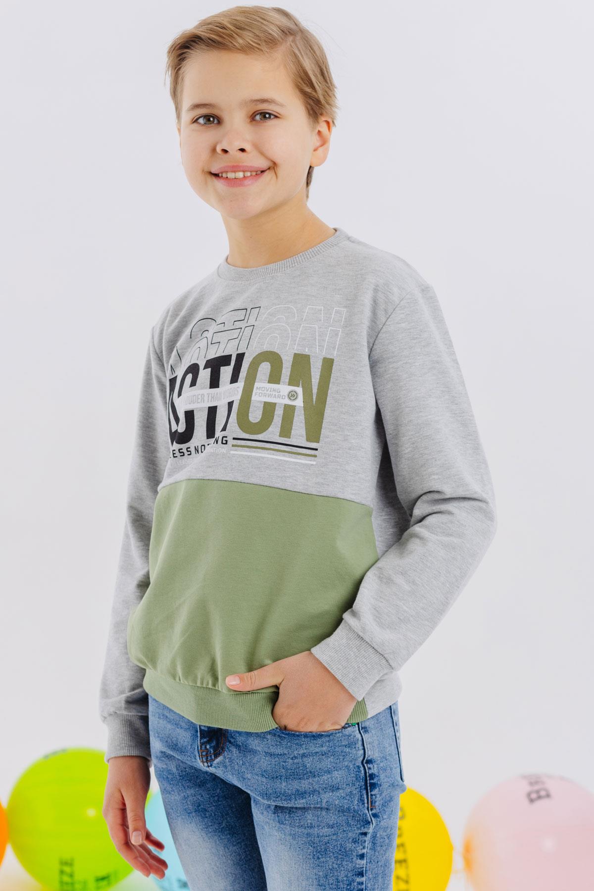 Breeze Erkek Çocuk Sweatshirt Yazı Baskılı Açık Gri Melanj (8-12 Yaş)