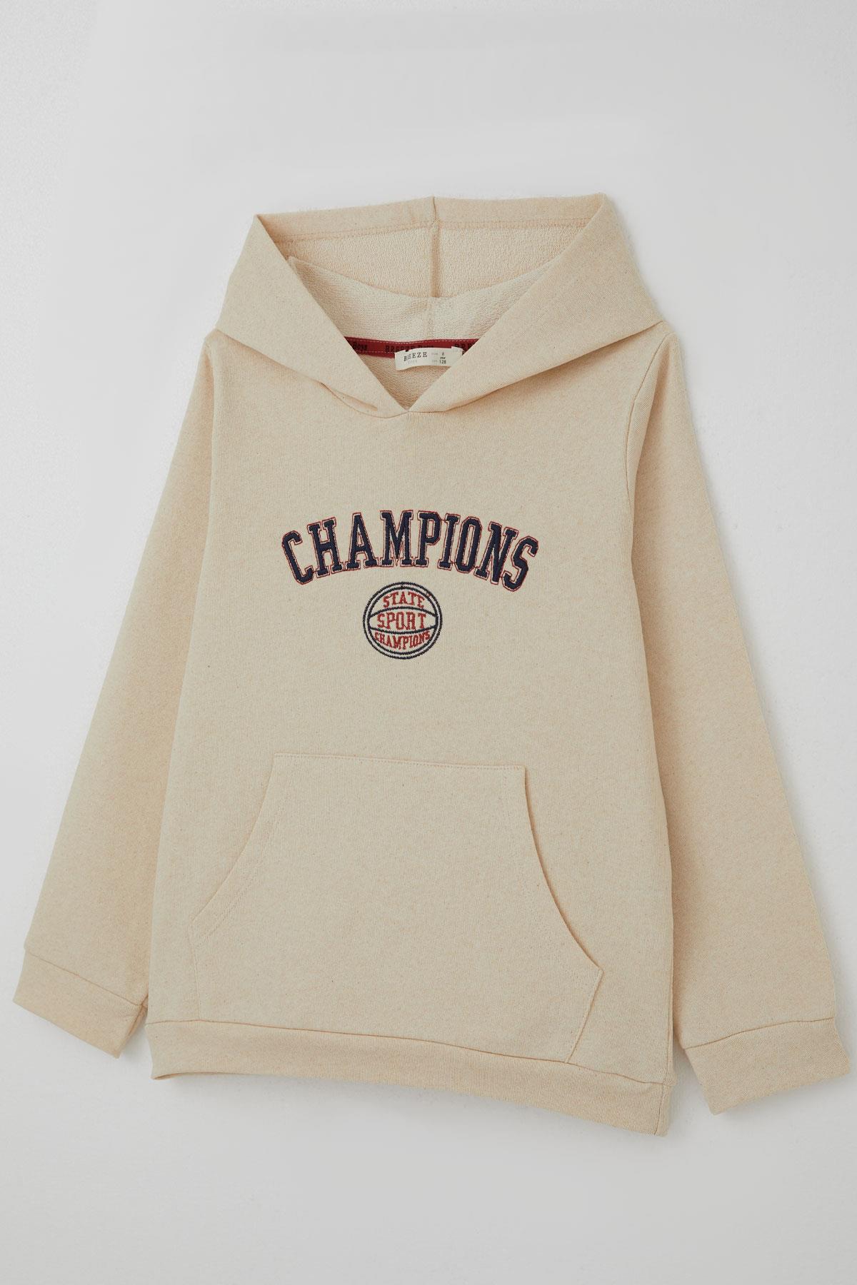 Breeze Erkek Çocuk Sweatshirt Yazı Baskılı Kapüşonlu Krem (4-8 Yaş)