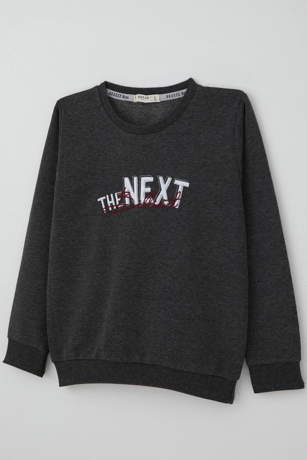 Breeze Erkek Çocuk Sweatshirt Yazı Nakış Baskılı Koyu Gri Melanj (5-10 Yaş)