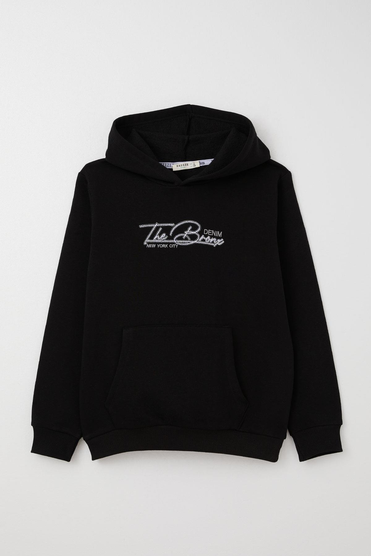 Breeze Erkek Çocuk Sweatshirt Yazı Nakışlı Kanguru Cepli Siyah (5 Yaş)