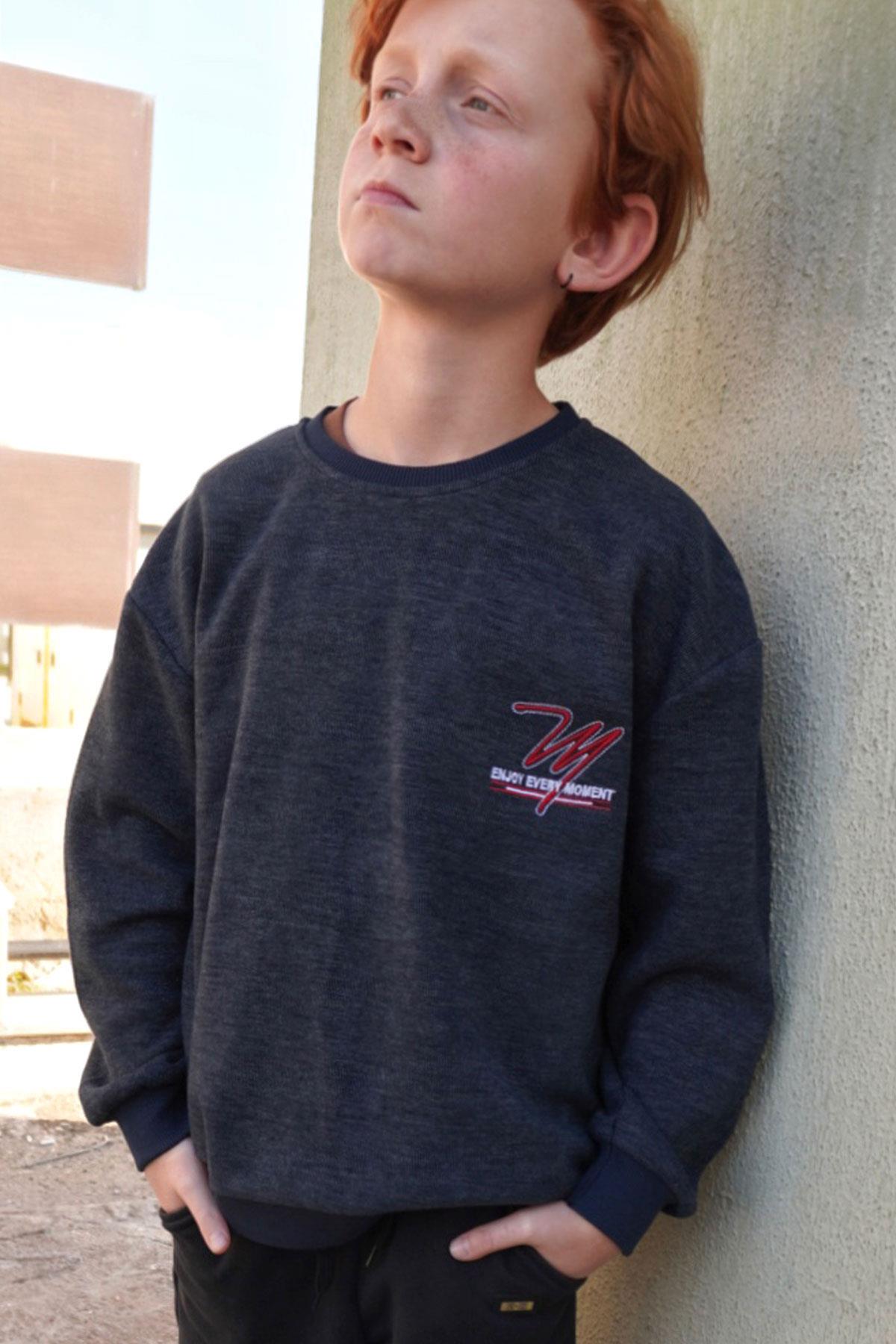 Breeze Erkek Çocuk Sweatshirt Yazı Nakışlı Lacivert Melanj (9 Yaş)