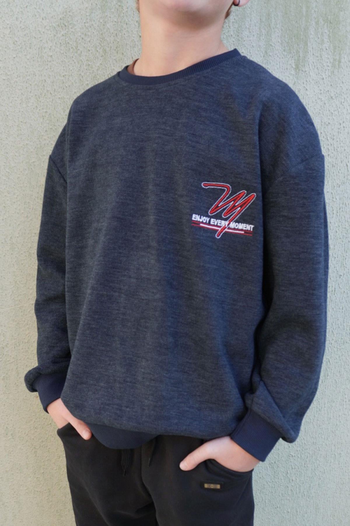 Breeze Erkek Çocuk Sweatshirt Yazı Nakışlı Lacivert Melanj (9 Yaş)