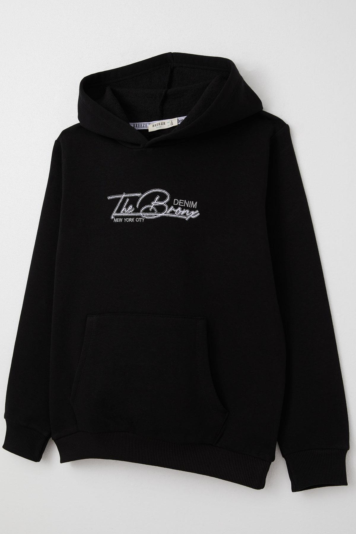 Breeze Erkek Çocuk Sweatshirt Yazı Nakışlı Kanguru Cepli Siyah (5 Yaş)