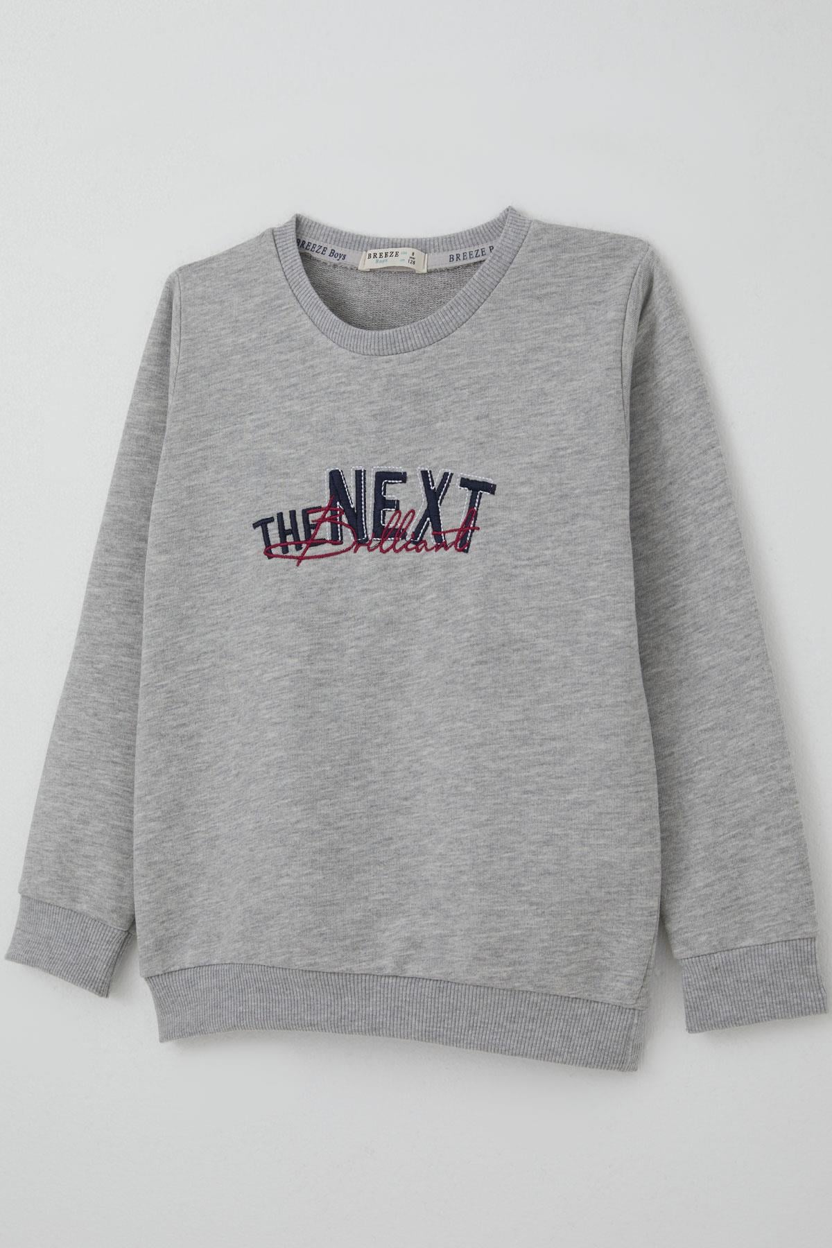 Breeze Erkek Çocuk Sweatshirt Yazı Nakış Baskılı Gri Melanj (5-10 Yaş)
