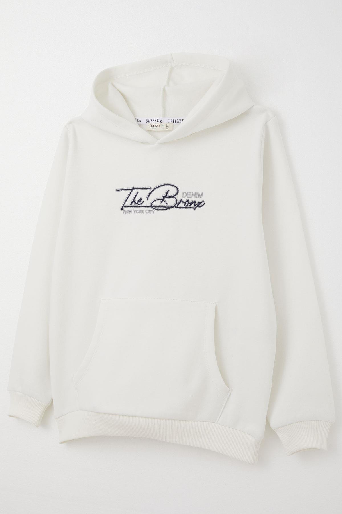 Breeze Erkek Çocuk Sweatshirt Yazı Nakışlı Kanguru Cepli Ekru (4-8 Yaş)
