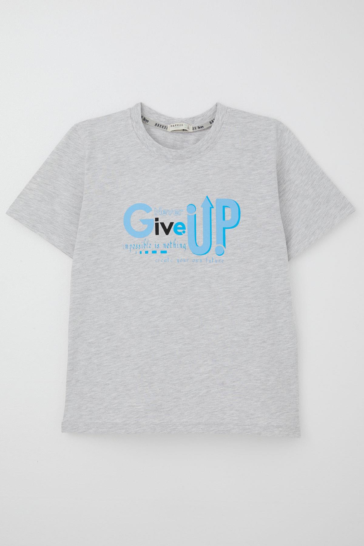 Breeze Erkek Çocuk Tişört Asla Pes Etme Tasarım Baskılı Açık Gri Melanj (9-16 Yaş)
