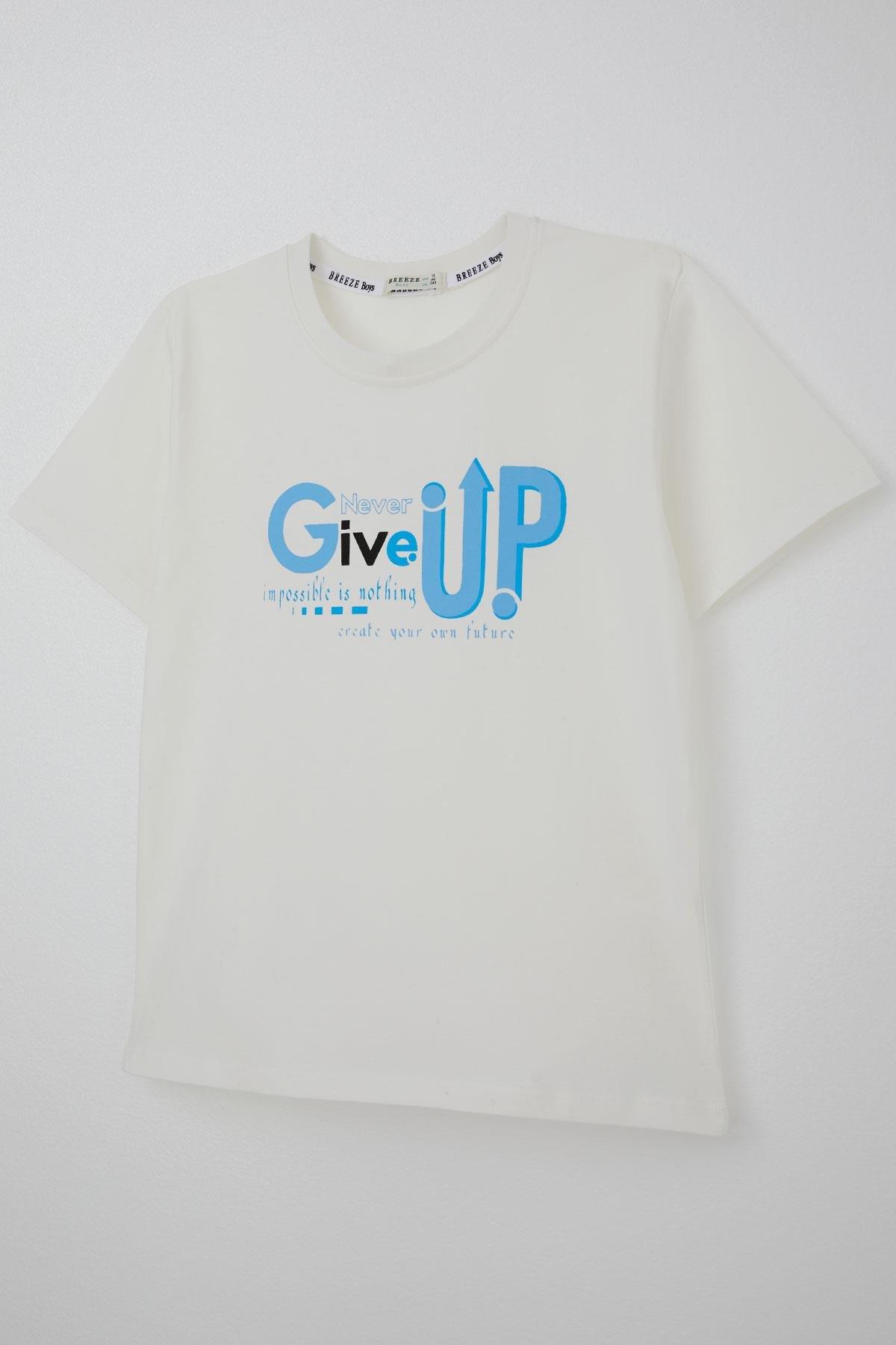 Breeze Erkek Çocuk Tişört Asla Pes Etme Tasarım Baskılı Ekru (9-16 Yaş)