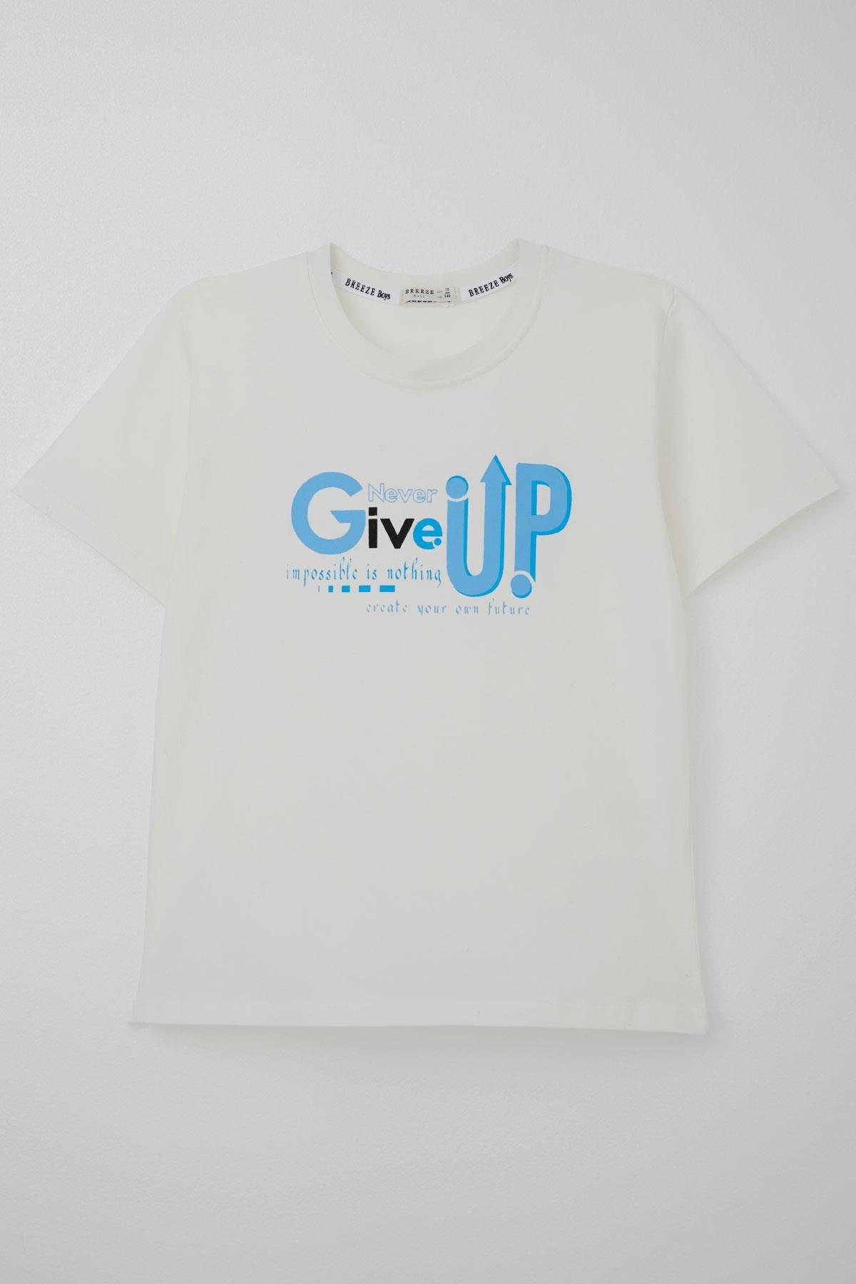 Breeze Erkek Çocuk Tişört Asla Pes Etme Tasarım Baskılı Ekru (9-16 Yaş)
