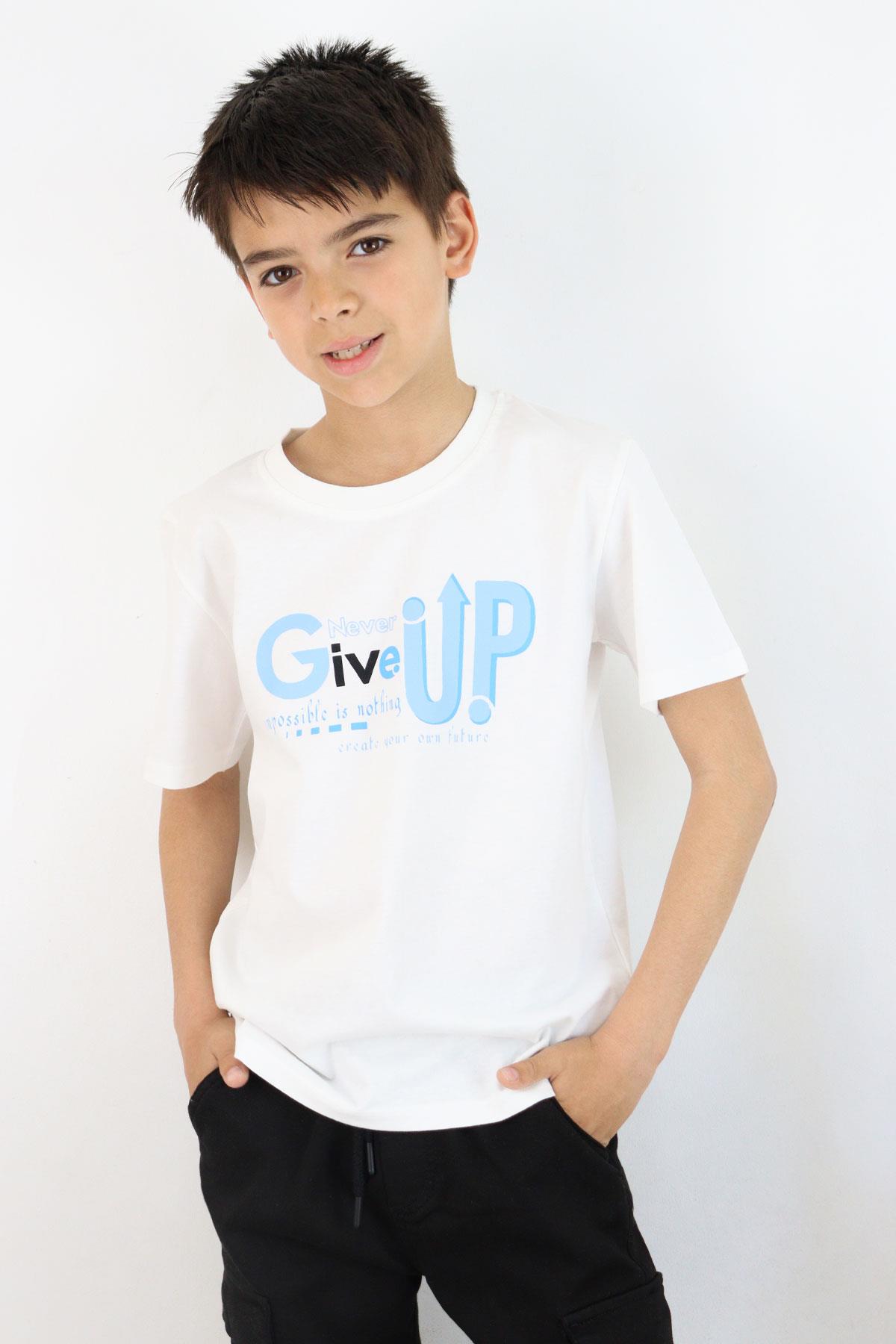 Breeze Erkek Çocuk Tişört Asla Pes Etme Tasarım Baskılı Ekru (9-16 Yaş)