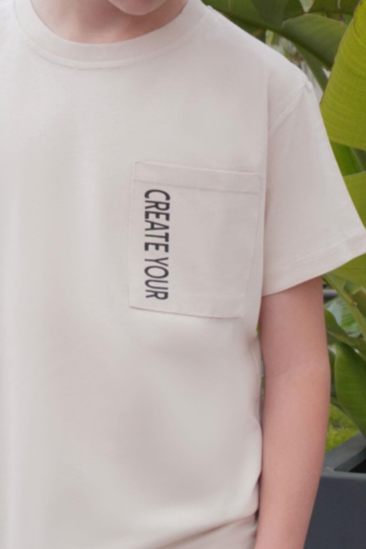 Breeze Erkek Çocuk Tişört Cepli Yazı Baskılı Bej (6-12 Yaş)