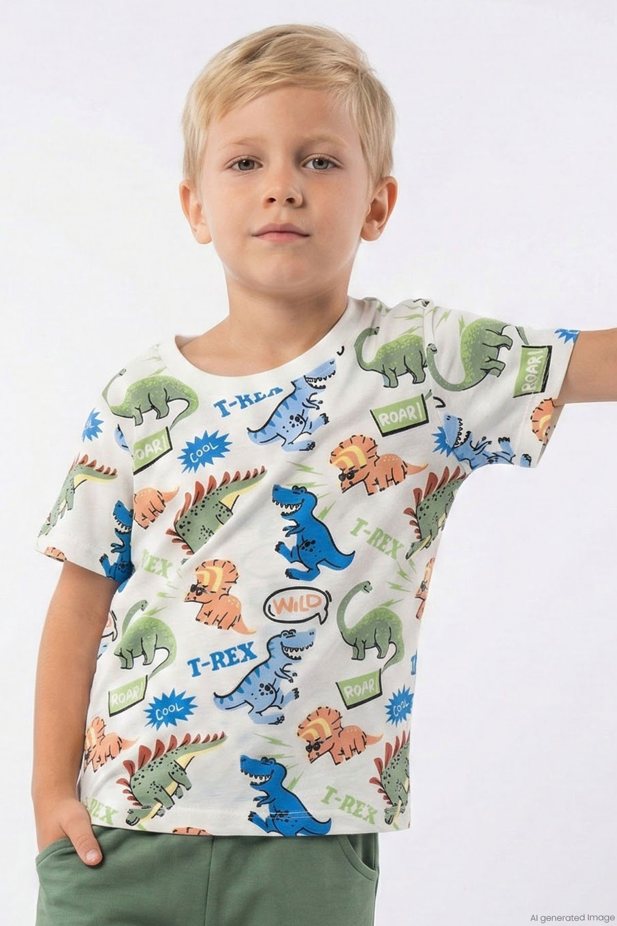 Breeze Erkek Çocuk Tişört Eğlenceli Dinozorlar Beyaz (2-6 Yaş)