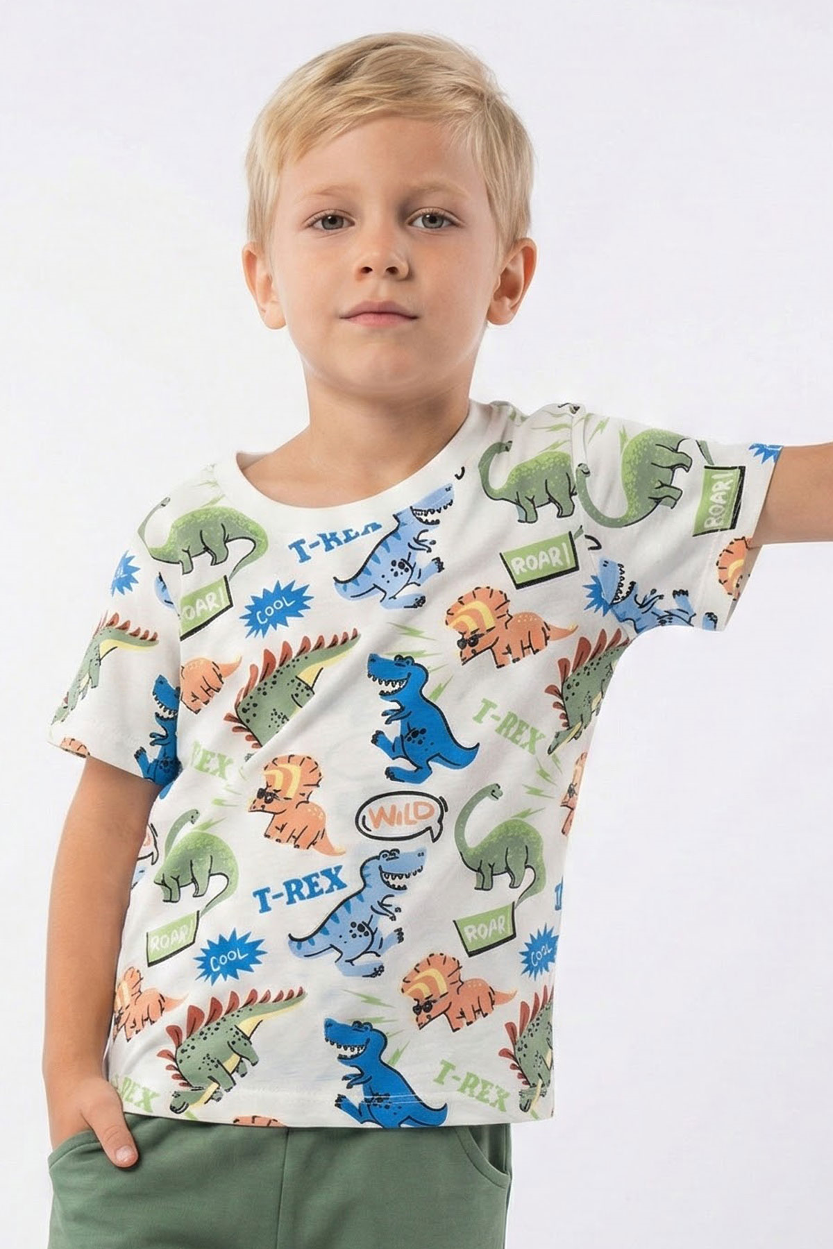 Breeze Erkek Çocuk Tişört Eğlenceli Dinozorlar Beyaz (2-6 Yaş)