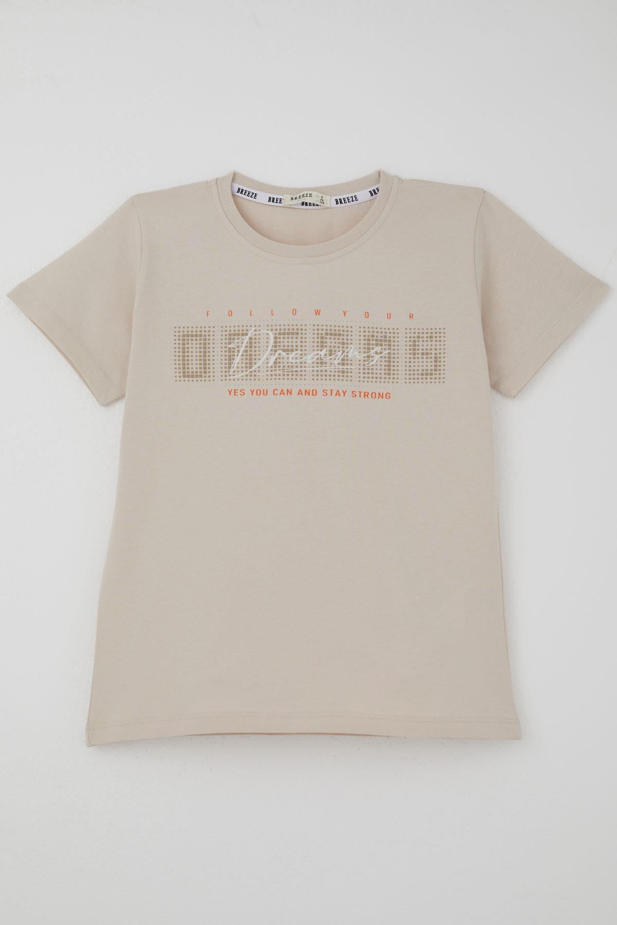 Breeze Erkek Çocuk Tişört Kabartmalı Yazı Baskılı Bej (8-14 Yaş)