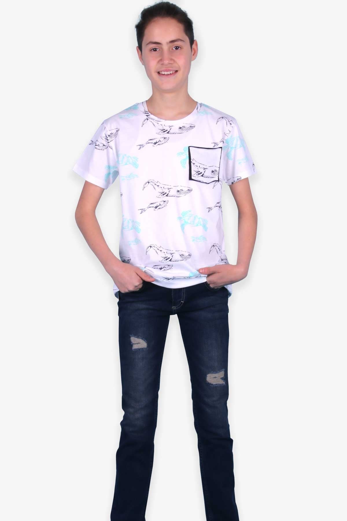 Breeze Erkek Çocuk Tişört Kaplumbağa Desenli Beyaz (8-12 Yaş)