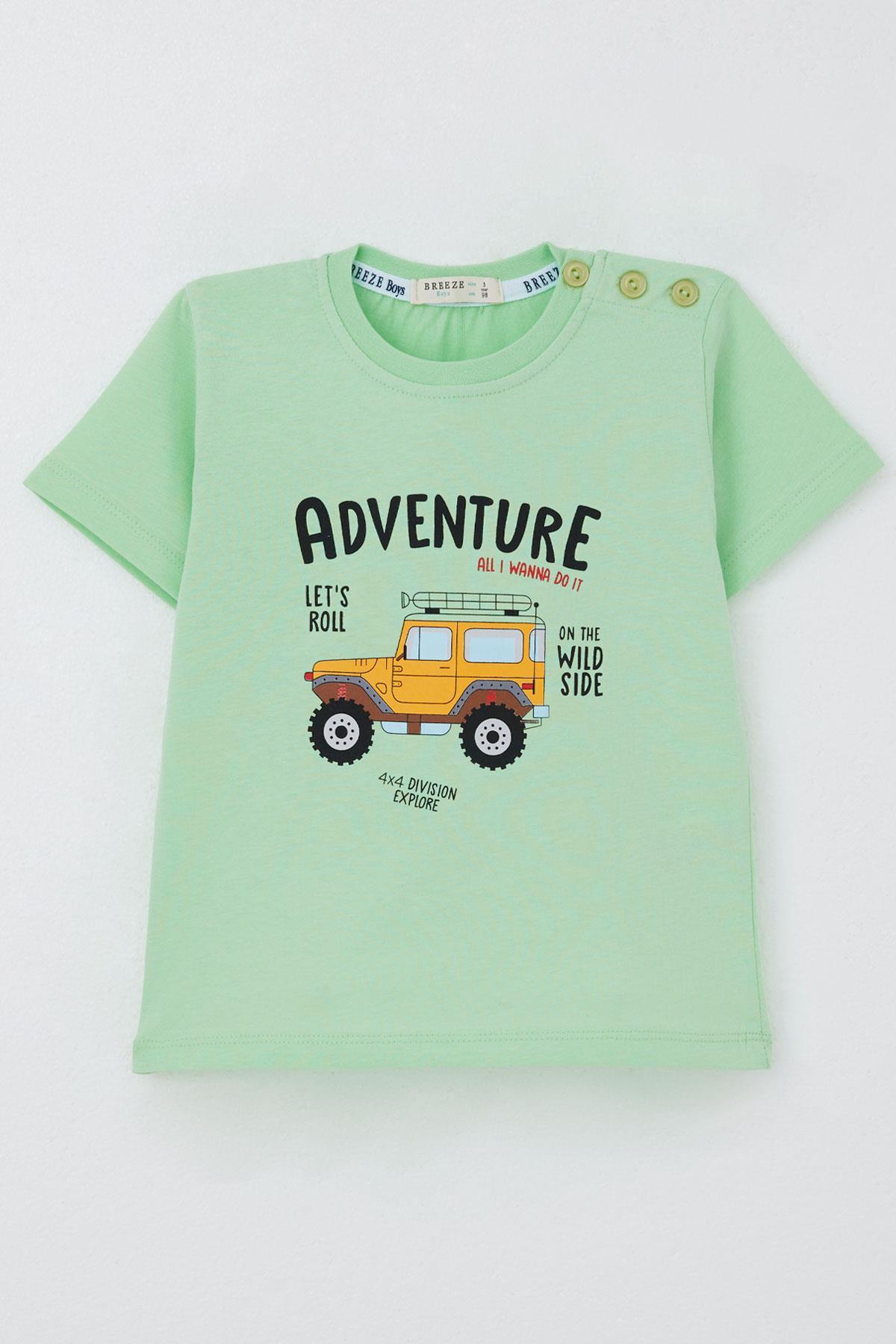 Breeze Erkek Çocuk Tişört Macera Temalı 4x4 Araba Baskılı Su Yeşili (2-6 Yaş)