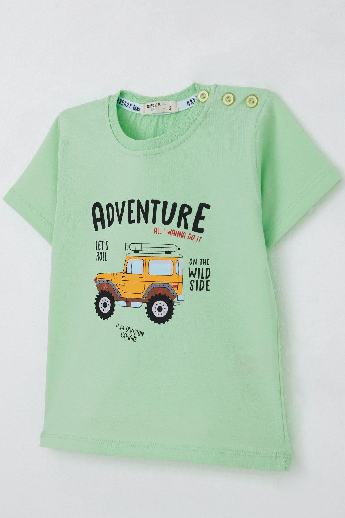 Breeze Erkek Çocuk Tişört Macera Temalı 4x4 Araba Baskılı Su Yeşili (2-6 Yaş)