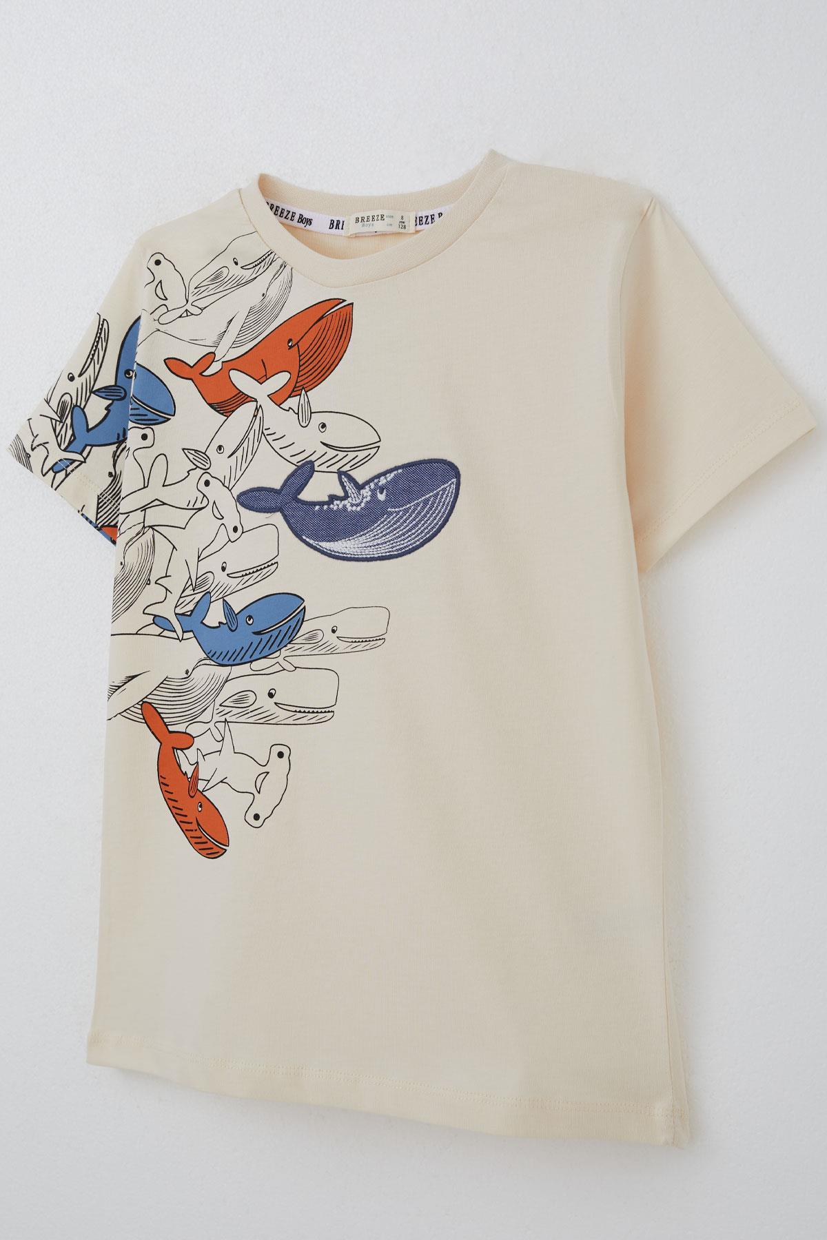 Breeze Erkek Çocuk Tişört Mavi Dünyanın Kahramanları Balinalar Krem (5-9 Yaş)