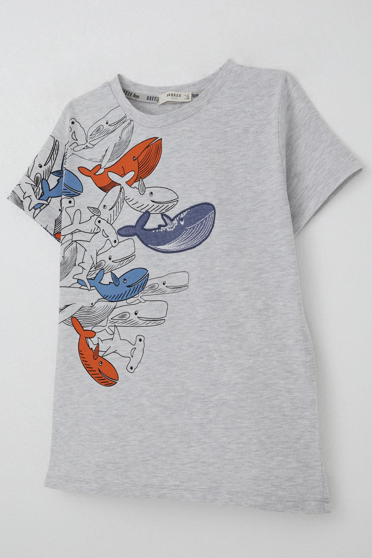 Breeze Erkek Çocuk Tişört Mavi Dünyanın Kahramanları Balinalar Açık Gri Melanj (5-9 Yaş)