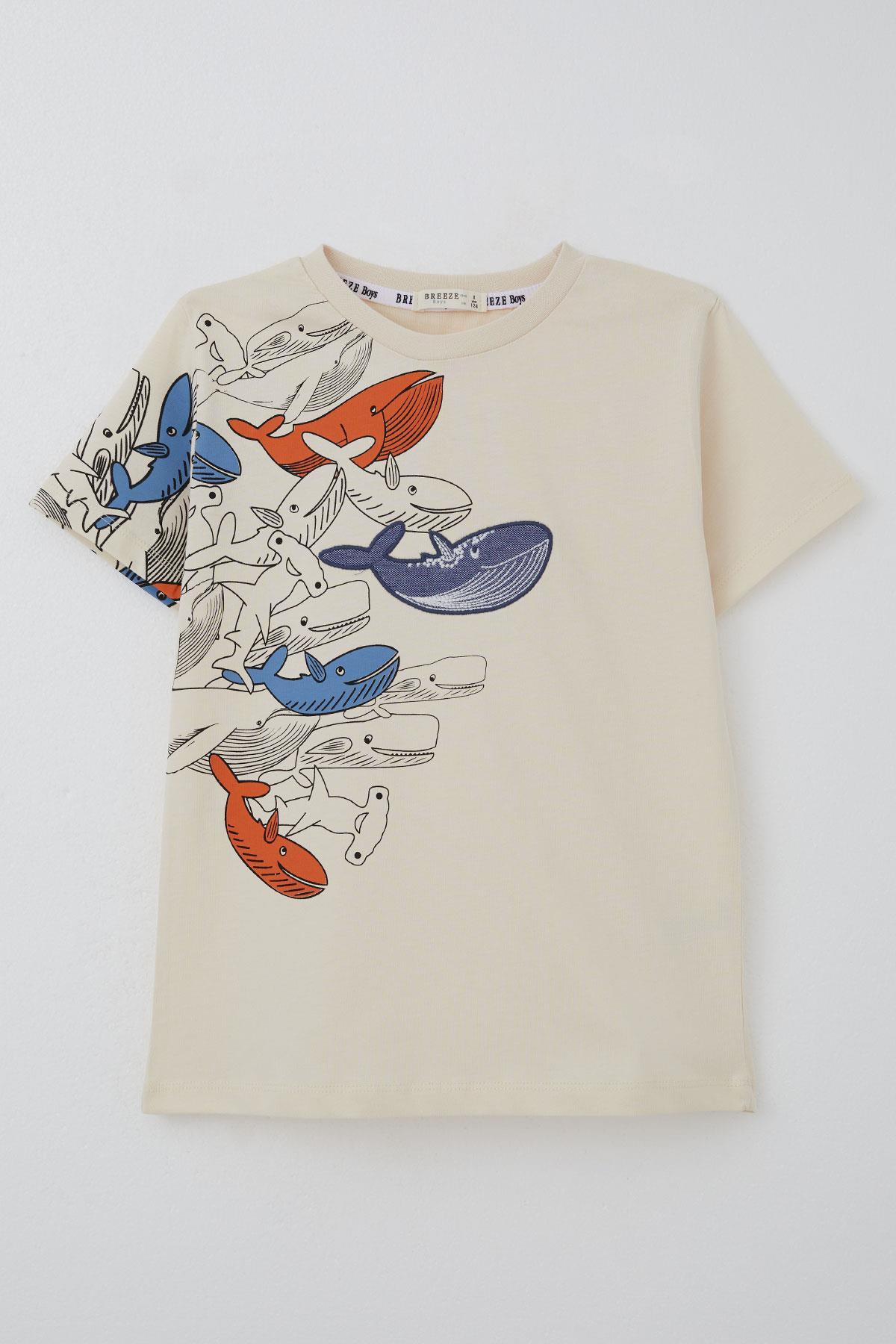 Breeze Erkek Çocuk Tişört Mavi Dünyanın Kahramanları Balinalar Krem (5-9 Yaş)
