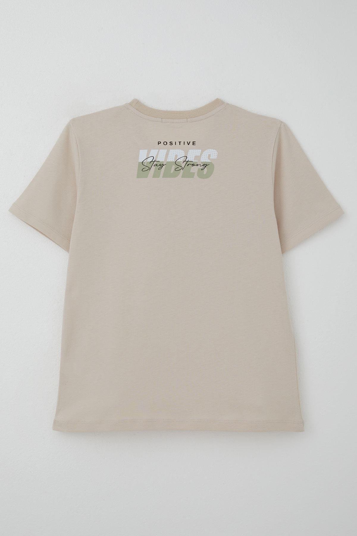 Breeze Erkek Çocuk Tişört Motivasyon Temalı & Sırt Kısmı Yazı Baskı Detaylı Bej (9-16 Yaş)
