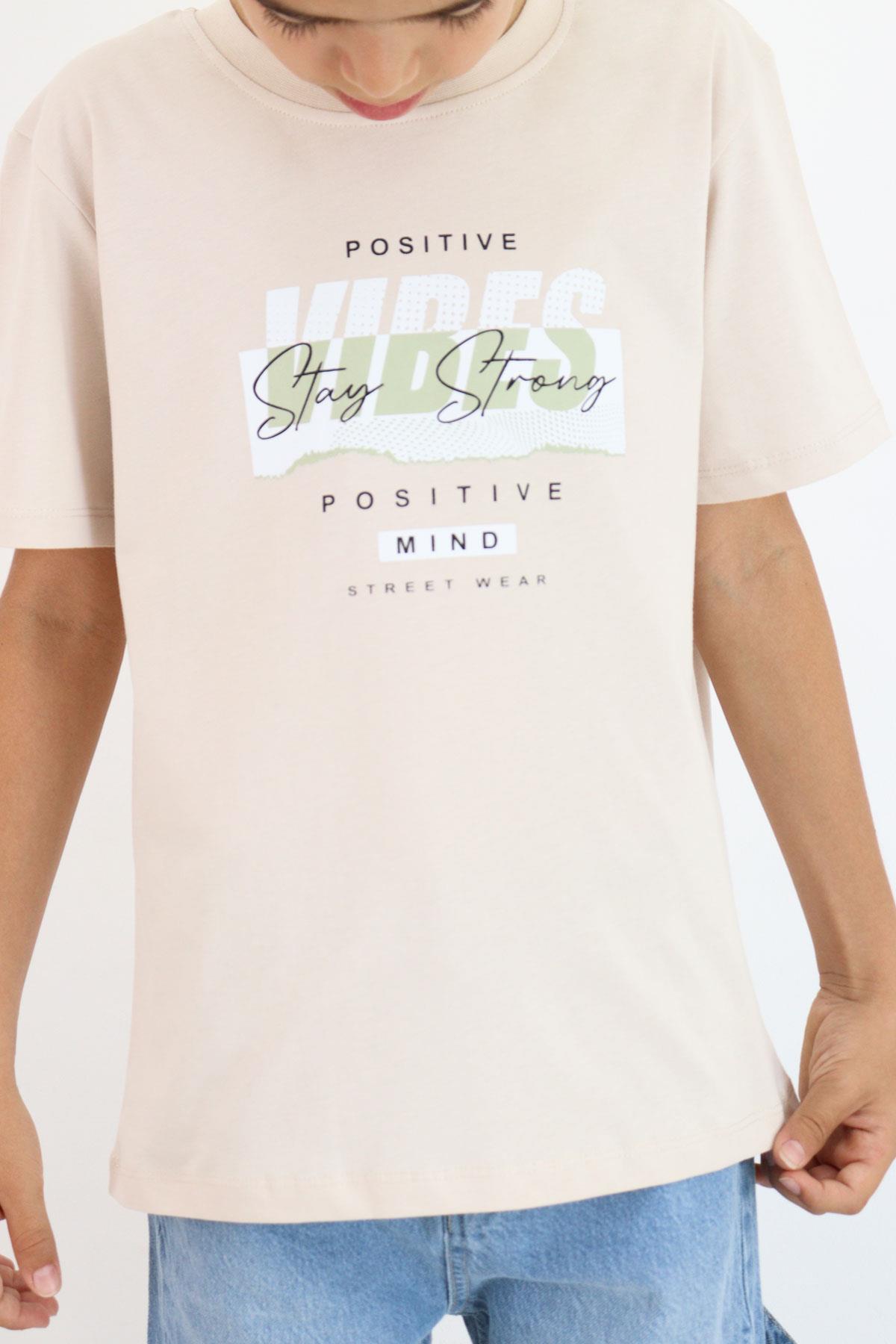 Breeze Erkek Çocuk Tişört Motivasyon Temalı & Sırt Kısmı Yazı Baskı Detaylı Bej (9-16 Yaş)