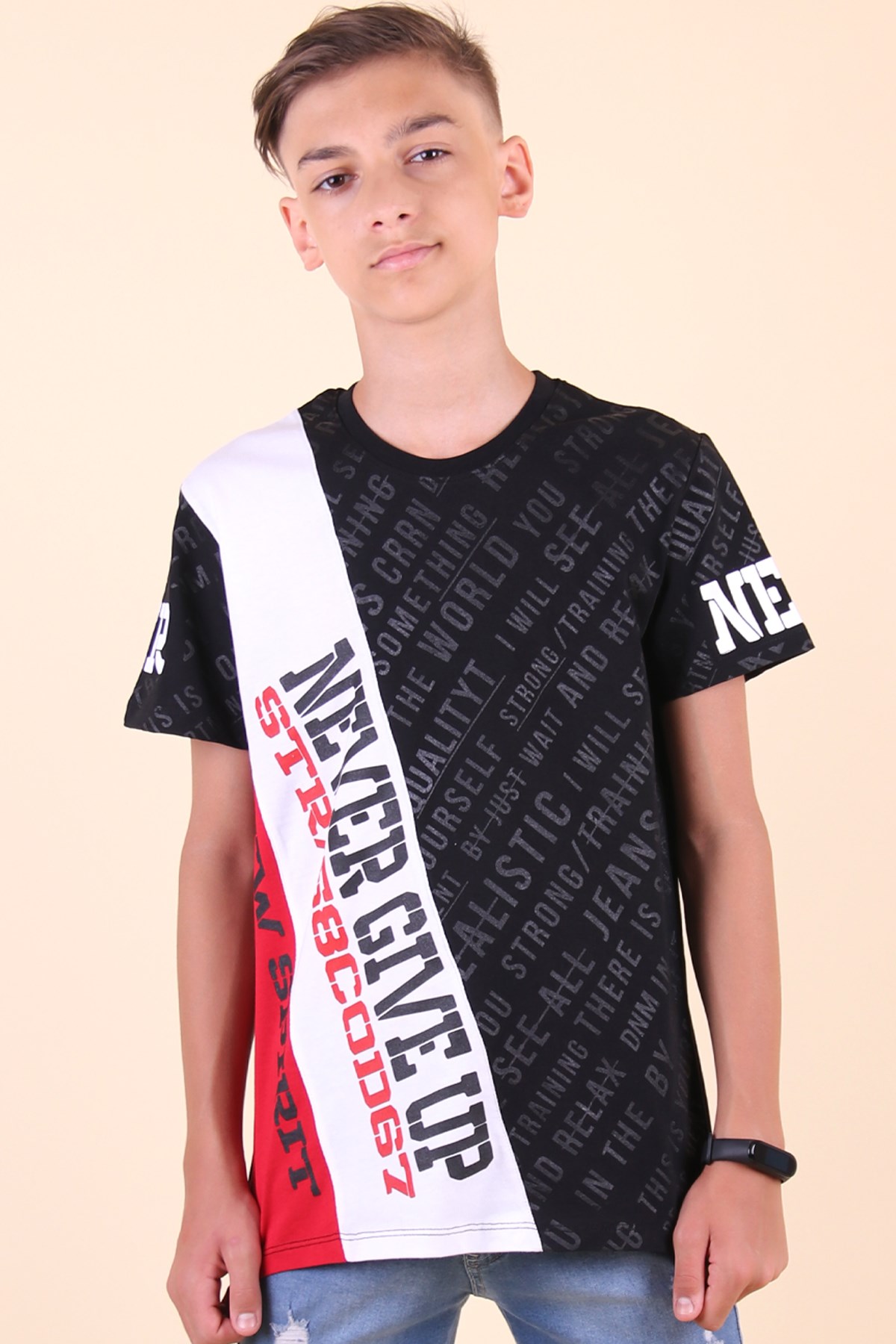 Breeze Erkek Çocuk Tişört Never Give Up Baskılı Kırmızı (8-14 Yaş)
