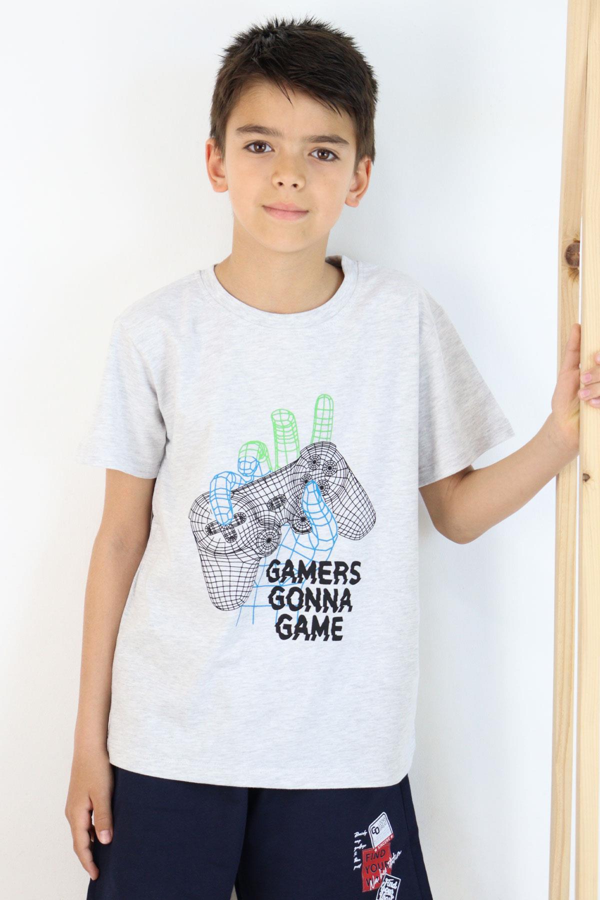 Breeze Erkek Çocuk Tişört Oyun Konsolu Baskılı Gri Melanj (8-14 Yaş)