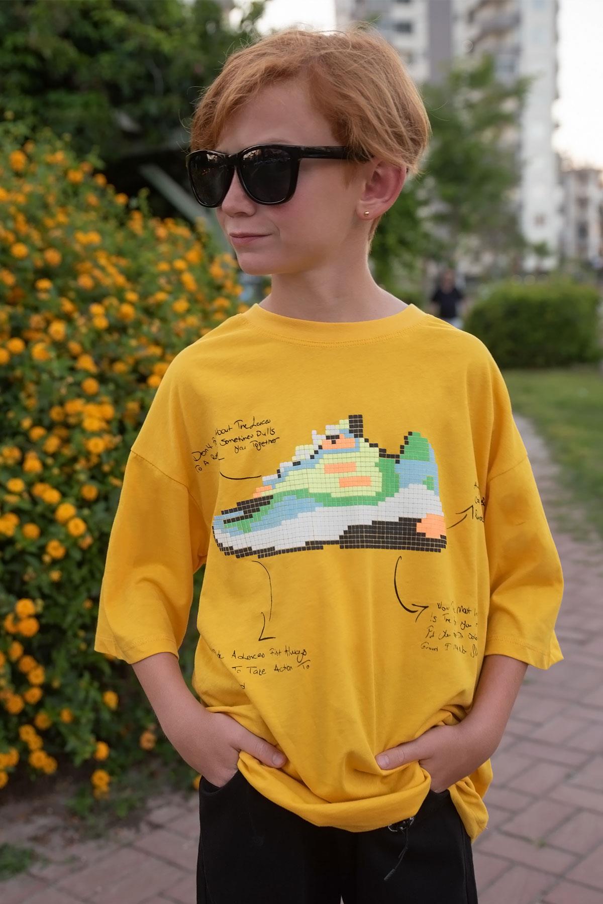 Breeze Erkek Çocuk Tişört Renkli Ayakkabı Baskılı Hardal Sarı (9-16 Yaş)