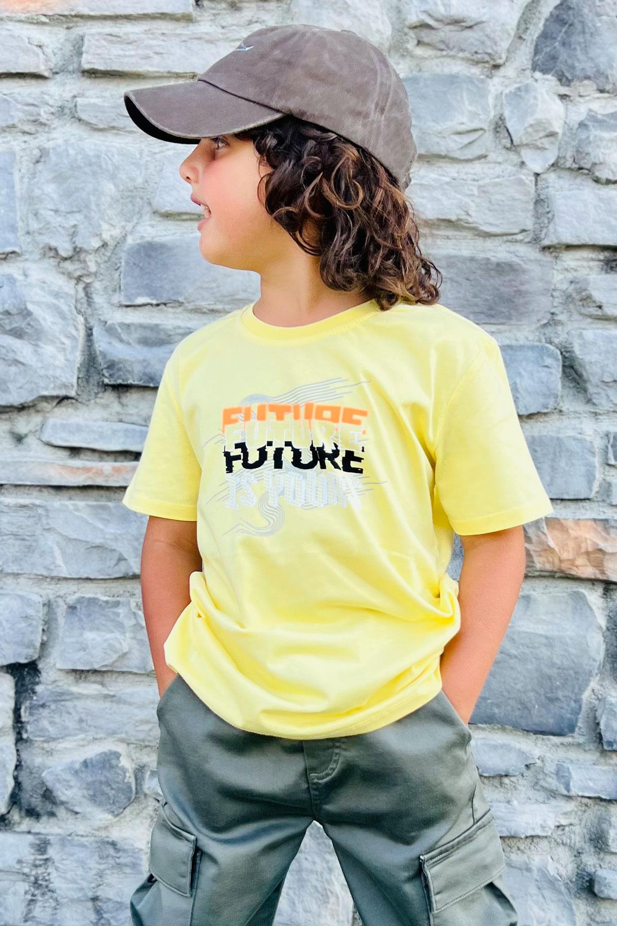 Breeze Erkek Çocuk Tişört Renkli Yazı Baskılı Sarı (8-14 Yaş)