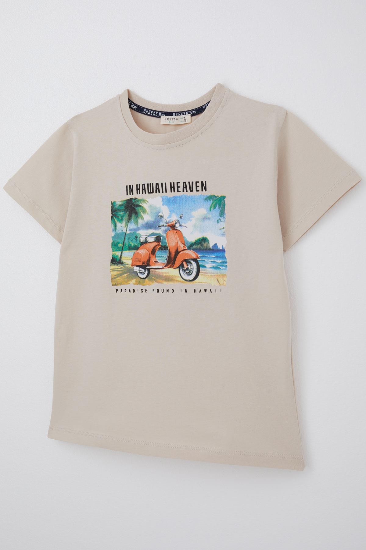 Breeze Erkek Çocuk Tişört Scooterla Tropik Hawaii Turu Bej (5-10 Yaş)