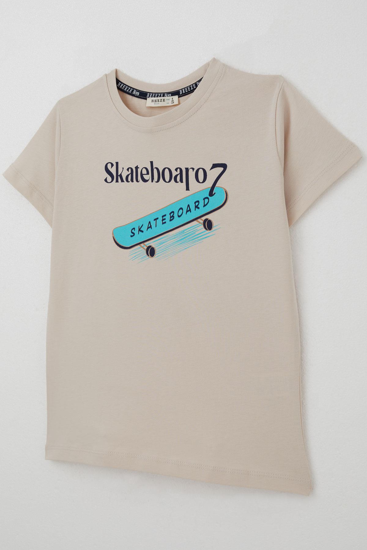 Breeze Erkek Çocuk Tişört Skateboard Baskılı Bej (8-12 Yaş)