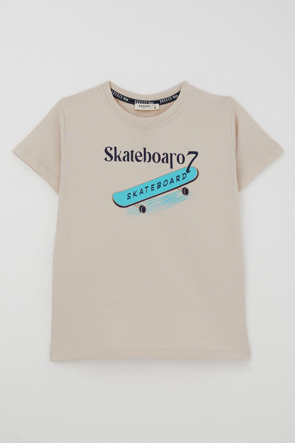 Breeze Erkek Çocuk Tişört Skateboard Baskılı Bej (8-12 Yaş)
