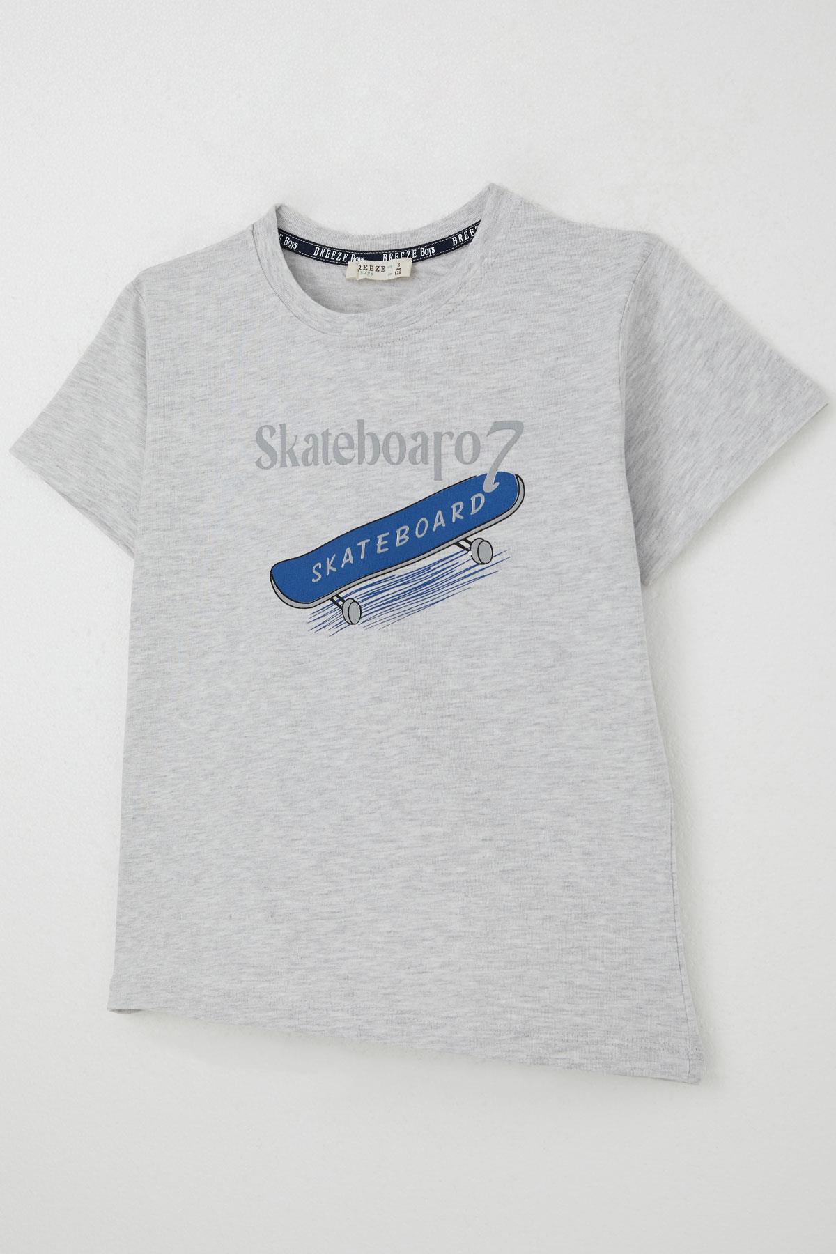 Breeze Erkek Çocuk Tişört Skateboard Baskılı Açık Gri Melanj (8-12 Yaş)