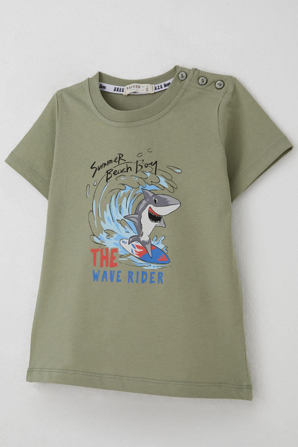 Breeze Erkek Çocuk Tişört Sörfçü Sevimli Köpek Balığı Baskılı Haki Yeşil (1.5-5 Yaş)