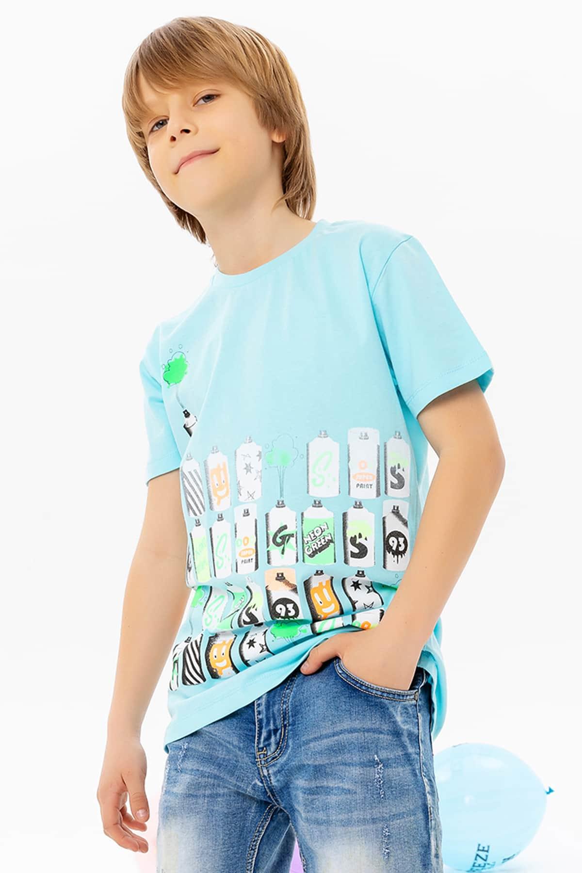 Breeze Erkek Çocuk Tişört Sprey Baskılı Mavi (6-12 Yaş)