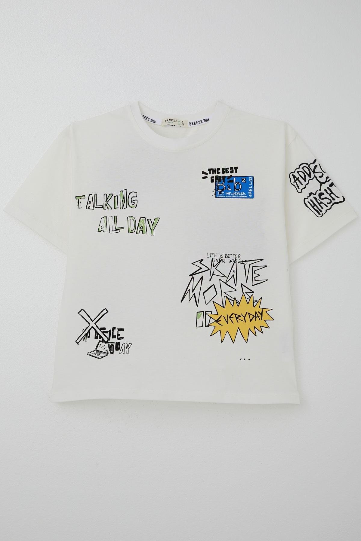 Breeze Erkek Çocuk Tişört Teknoloji Temalı Yazı Baskılı Ekru (7-12 Yaş)