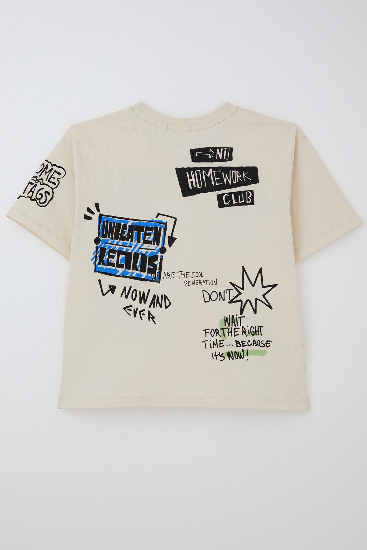 Breeze Erkek Çocuk Tişört Teknoloji Temalı Yazı Baskılı Krem (7-12 Yaş)