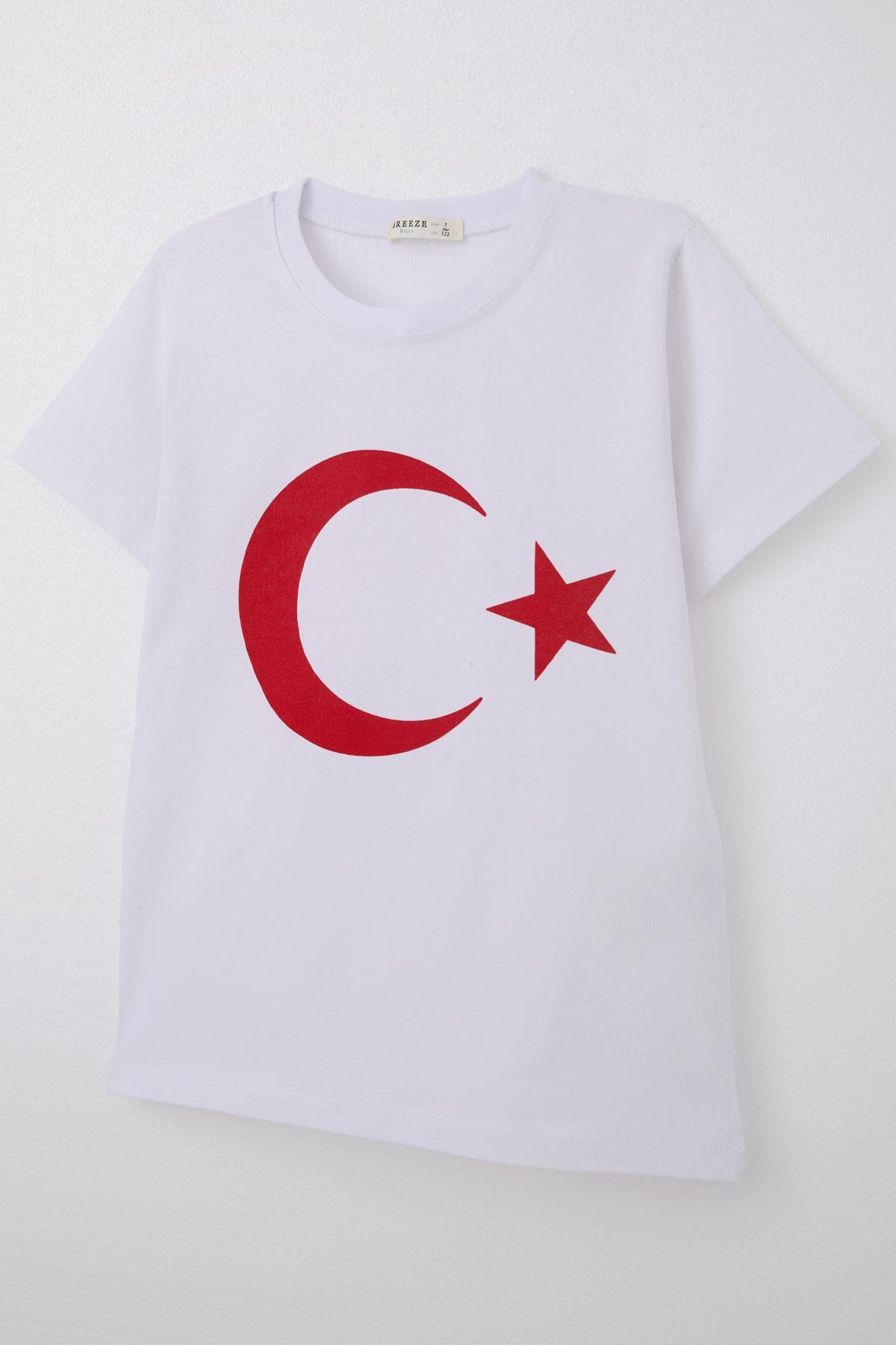 Breeze Erkek Çocuk Tişört Türk Bayraklı Beyaz (4-14 Yaş)