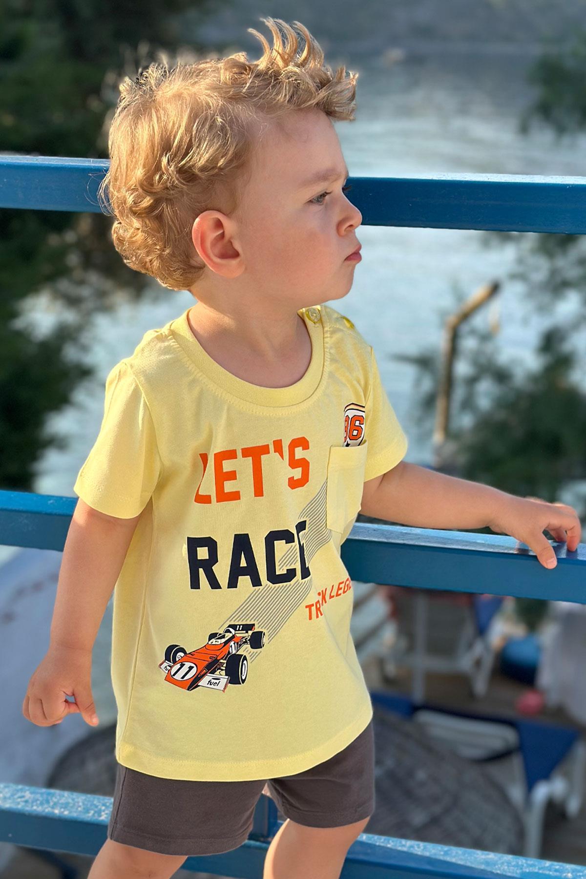Breeze Erkek Çocuk Tişört Yarış Temalı Yazı Baskılı Cepli Sarı (2-6 Yaş)