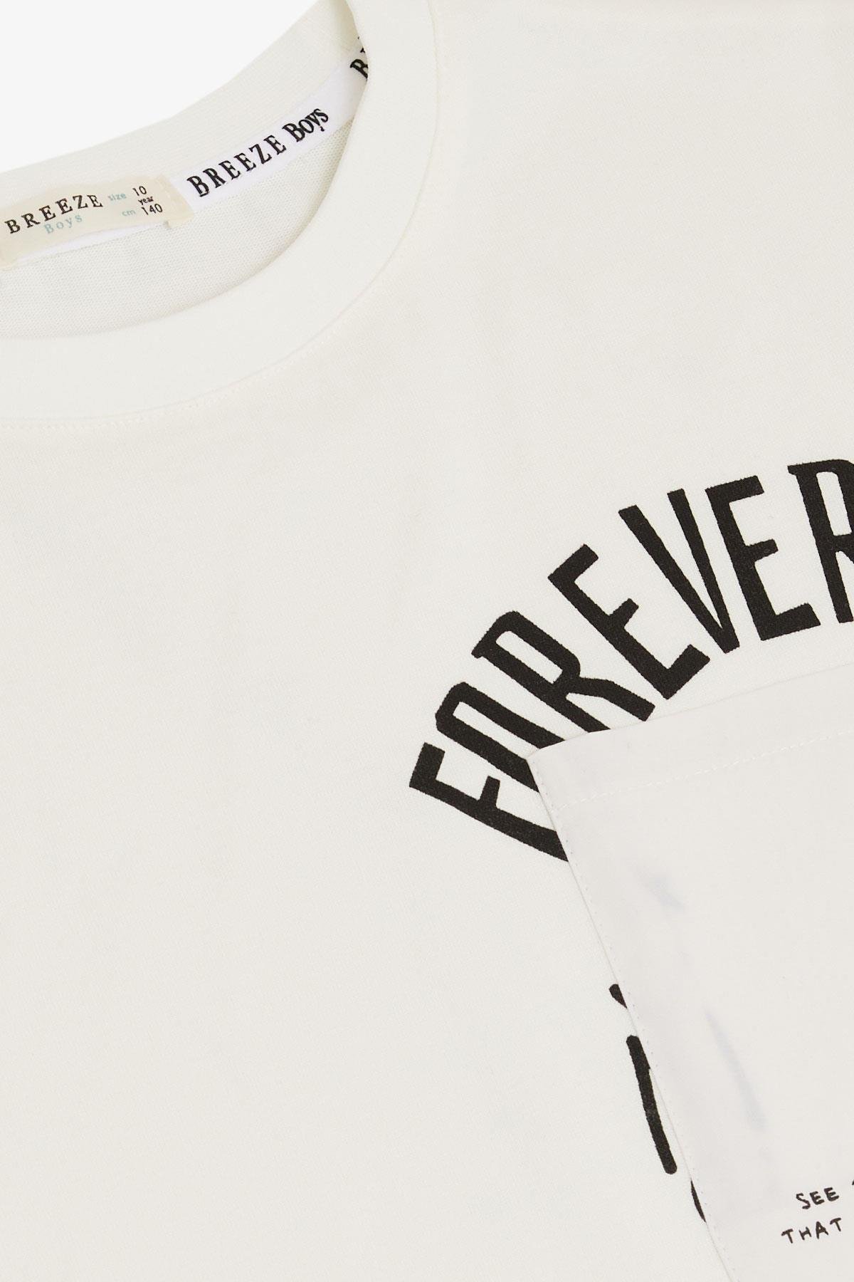 Breeze Erkek Çocuk Tişört Yazı Bakılı Cepli Ekru (9-14 Yaş)