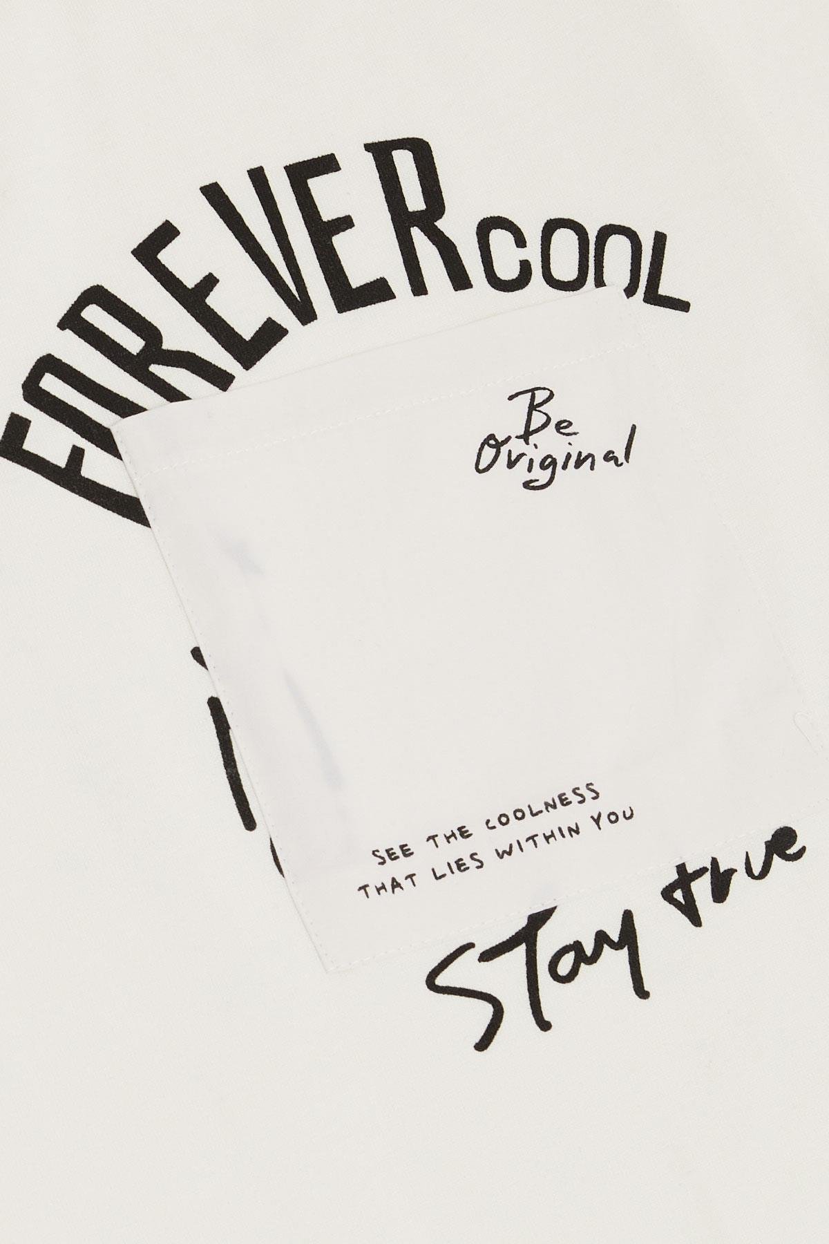 Breeze Erkek Çocuk Tişört Yazı Bakılı Cepli Ekru (9-14 Yaş)