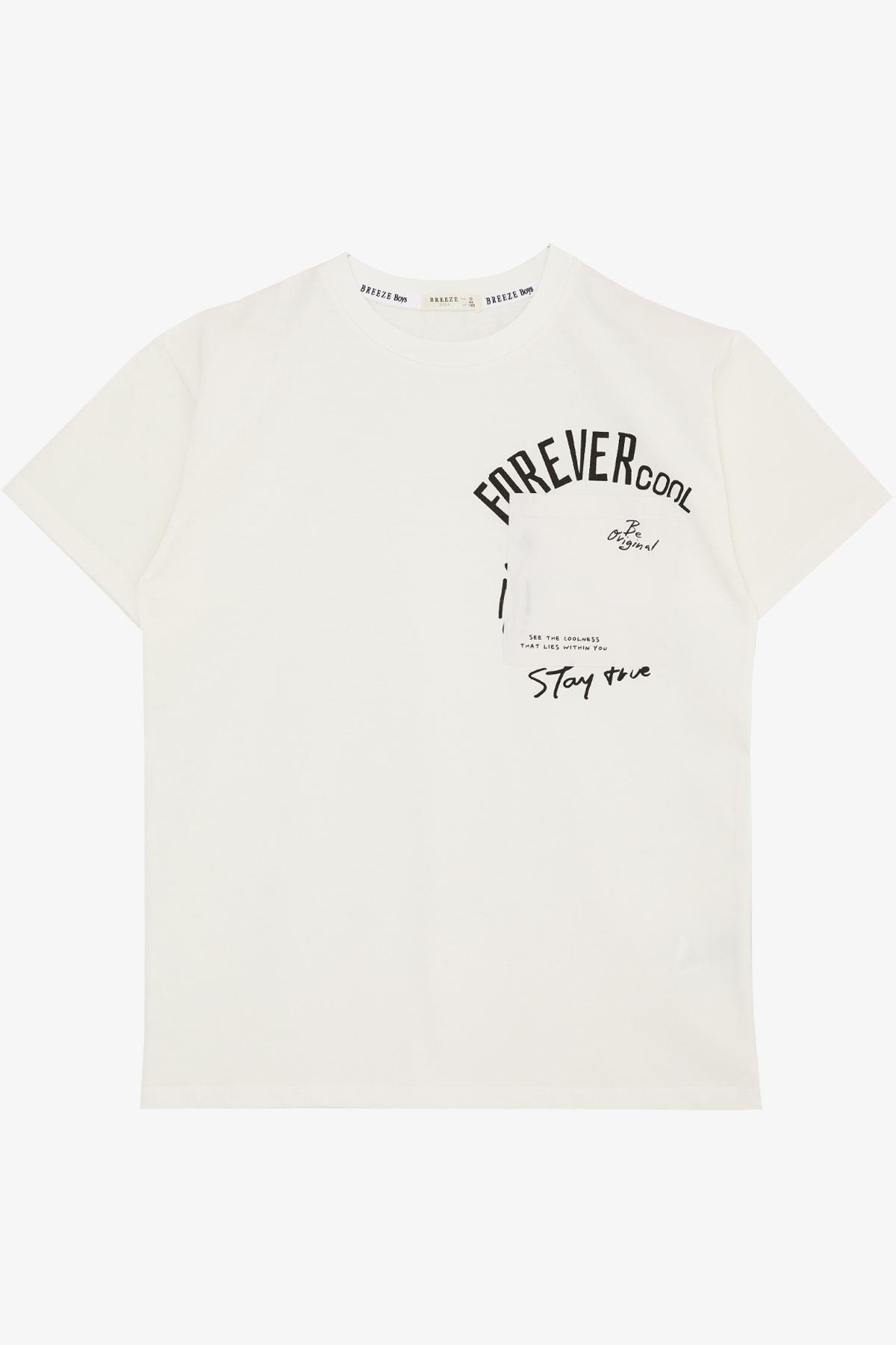 Breeze Erkek Çocuk Tişört Yazı Bakılı Cepli Ekru (9-14 Yaş)