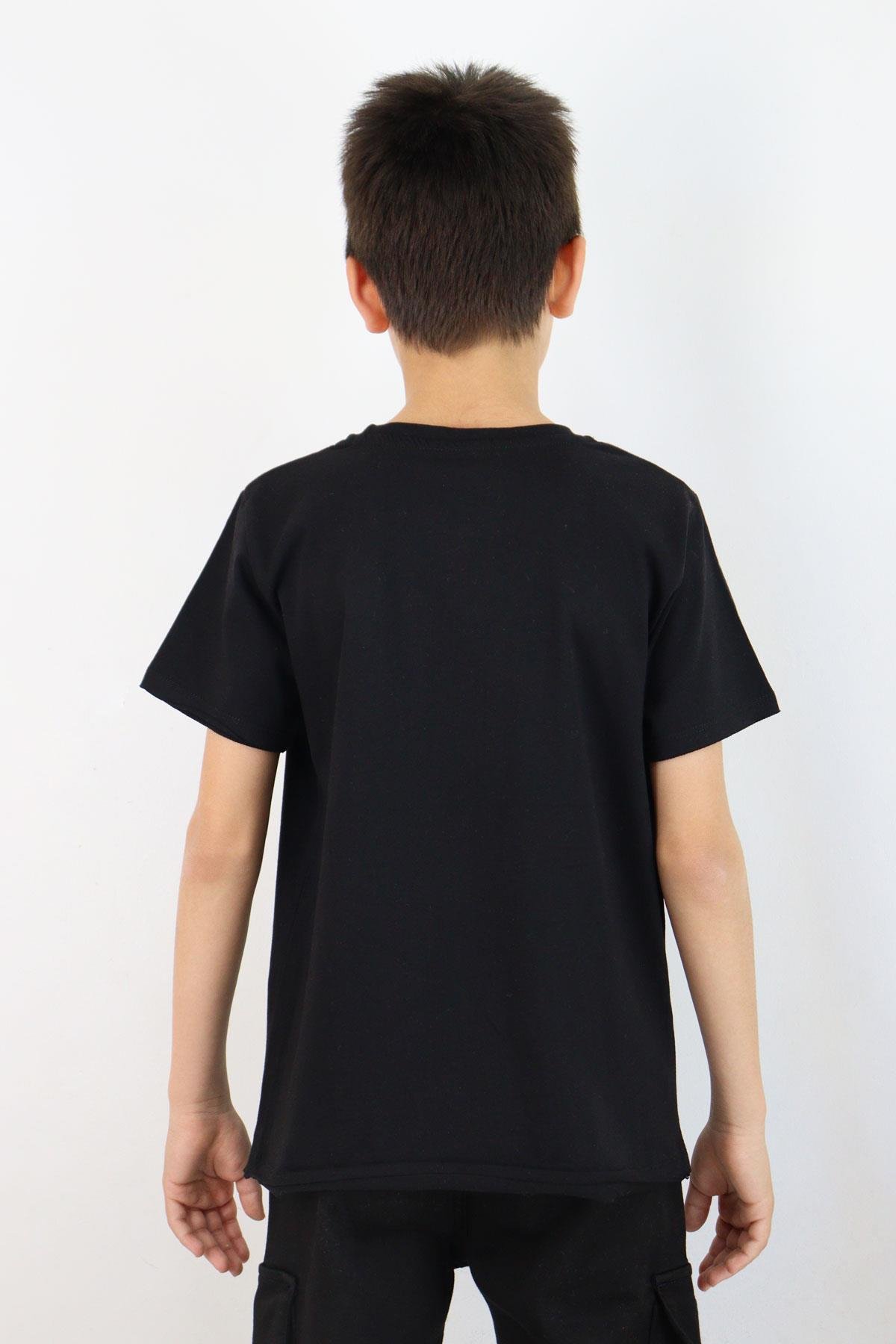 Breeze Erkek Çocuk Tişört Yazı Baskı Detaylı Etek Ucu Kolu Pis Kesim Siyah (8-12 Yaş)