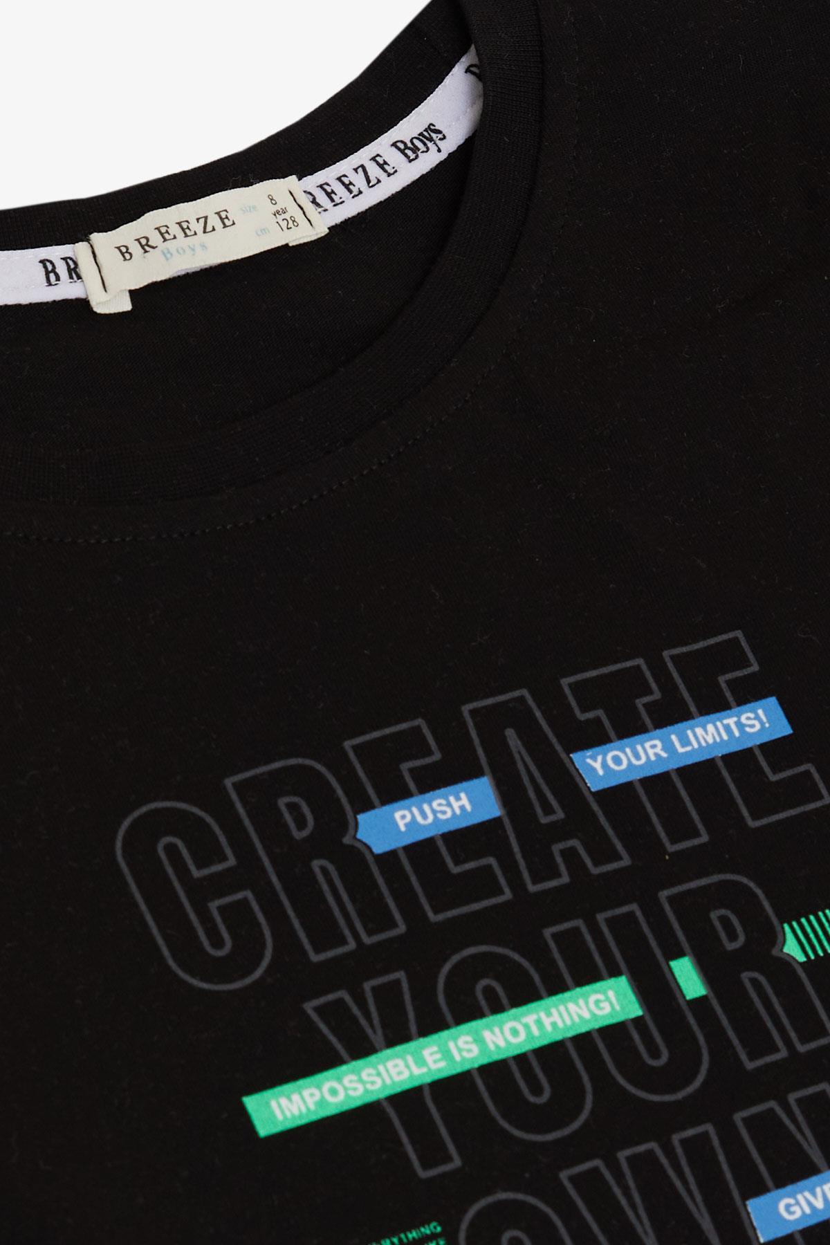 Breeze Erkek Çocuk Tişört Yazı Baskı Detaylı Etek Ucu Kolu Pis Kesim Siyah (8-12 Yaş)