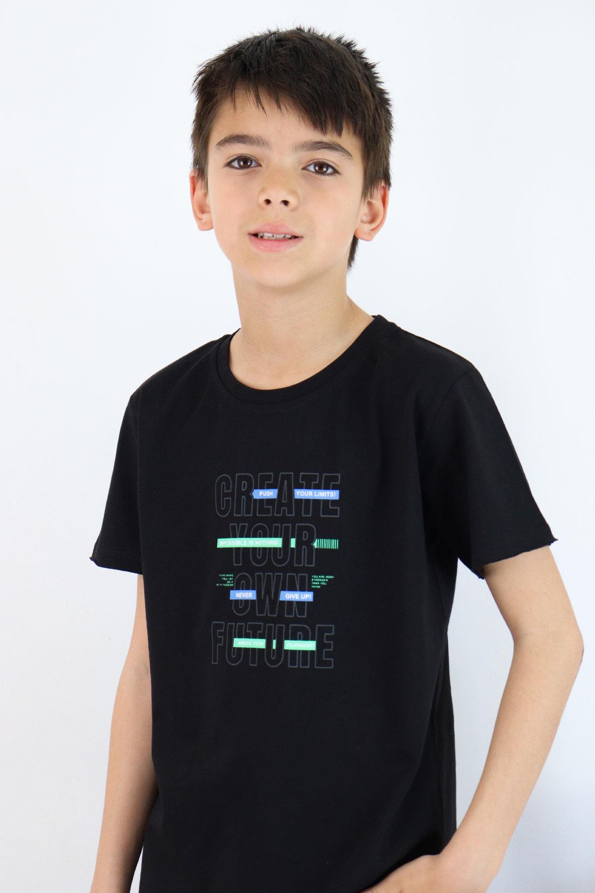 Breeze Erkek Çocuk Tişört Yazı Baskı Detaylı Etek Ucu Kolu Pis Kesim Siyah (8-12 Yaş)